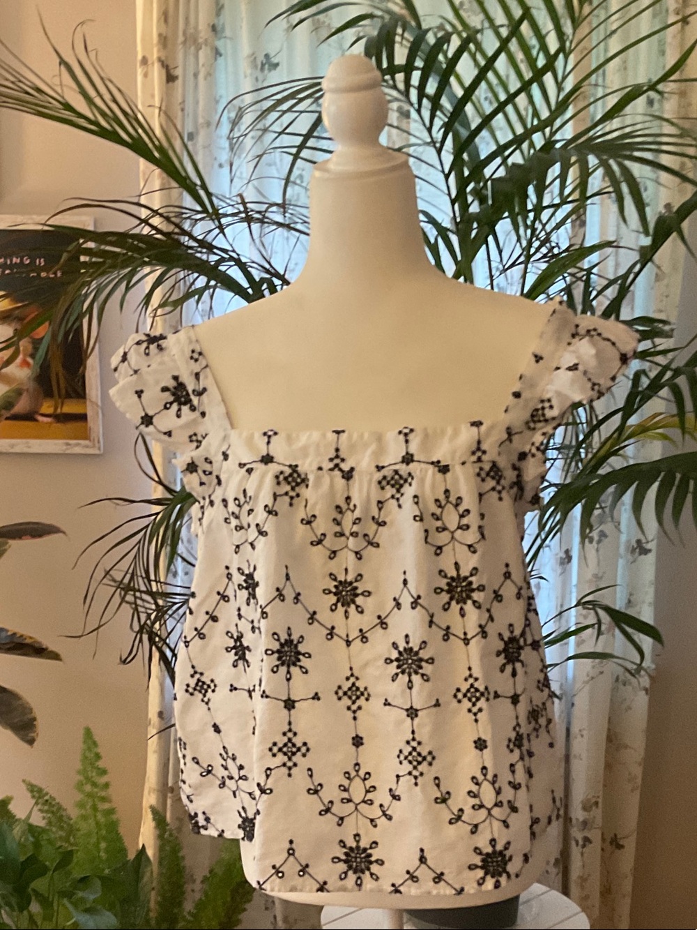 LOFT White Off/On Shoulder Cotton Top with Black Floral Embroidery
